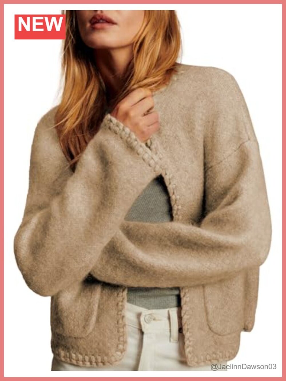 Womens Alpaca Blend Knit Cardigan Braided Trim Open Front Sweater with Pockets